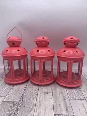 $29.99 • Buy IKEA ROTERA Tealight Candle Metal Glass 3 Lanterns 20529 Pink Coral Cutout Stars