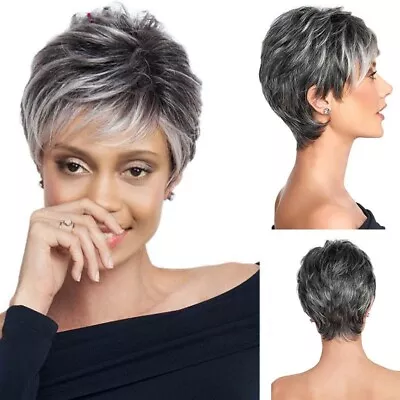 2023 Women Gray White Hair With Black Mixed Short Wigs With Bangs For Mom Wig • $14.80