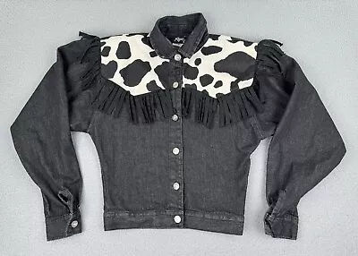 Vintage Roper Jacket Womens 5/6 Black Denim Fringe Cow Print Cowgirl Western • $36.88