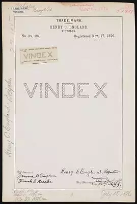 Photo:Trademark Registration By Henry C. England For Vindex Brand Bicycles • $9.99