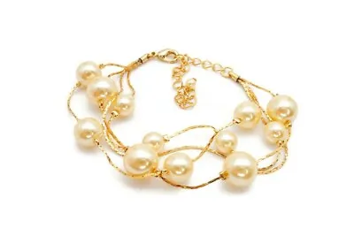 Vintage Bracelet Gold Tone Faux Pearl Multi Strand 7.25  • $13.49