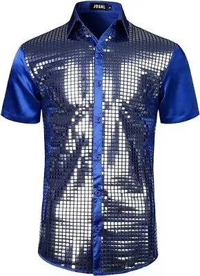 JOGAL Men's Sequin Short Sleeve Button Up Shirt 70s Disco Party Costume Size L • £15.99