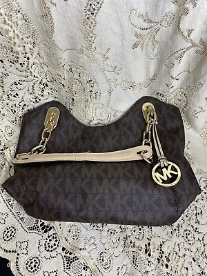 Michael Kors Brown Tan Leather Signature Logo 2 Strap Chain Shoulder Bag Purse • £47.50