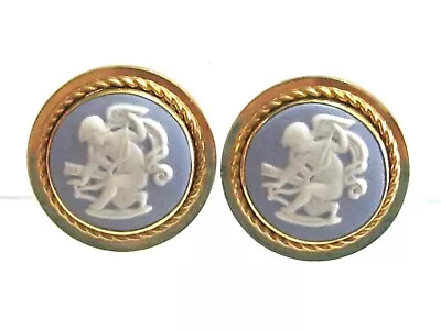 Vintage Van Dell Blue White Wedgewood Cameo Screw On Back Gold Filled Earrings • $99