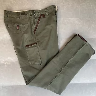 Cabela Gun Club Cargo Pants 33 X 32 Leather Trim Green Canvas Multi Pockets NWT • $38.97