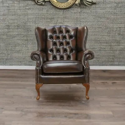FASTDELIVERY Chesterfield Richmond Real Leather Antique Brown High Back Chair • £539.95