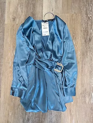 Zara New Woman Satin Playsuit With Buckle Blue Steel Xs 2259/899 • $46.99