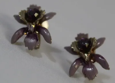 Vintage Stud Earrings Amethyst Purple Enamel Iris Gold Tone Hardware Screw Back • $11.99