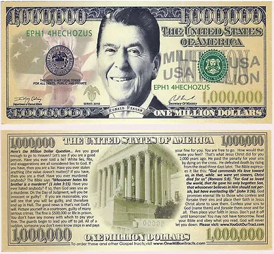 Ronald Reagan Gospel Tract Million Dollars US USA Fun Money Gift Bill Novelty • $0.99