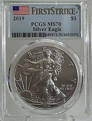 2019 SILVER EAGLE~PCGS~MS70~ First Strike~ $1 Coin~Flag/Blue Label • $65