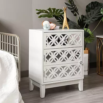 White Nightstand With Drawer Mirrored Bedside Table With Cabinets Carved Wood  • $115.99