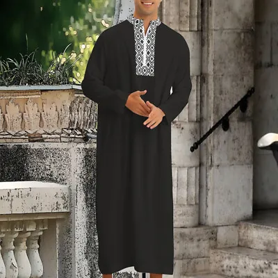 Black Robe Ramadan Eid Arab Dubai Pocket Shirt Robe Abaya Thobes Kaftan Men XXL • $0.99