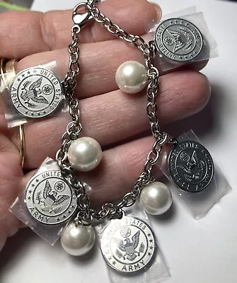 Army Coin White Shell Pearl Charm Bracelet 7.25-9”Stainless Steel • $10