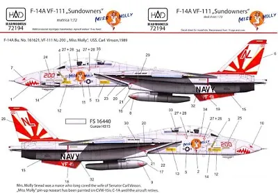 Hungarian Aero Decals 1/72 F-14A TOMCAT  MISS MOLLY  VF-111  SUNDOWNERS  1991 • $14.99