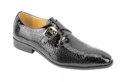 Mens Black Patent Snakeskin Print Real Leather Monk Shoes Wedding Slip On Loafer • £79.99