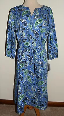 New Croft & Barrow Shirt Dress Large Blue Paisley Cotton 3/4 Sleeve Tie Belt • $23.99