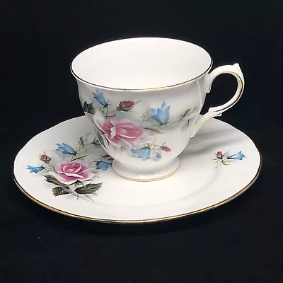 Ridgway Potteries Footed Queen Anne Tea Cup Saucer Mug Pink Roses Blue Flowers • $21.95