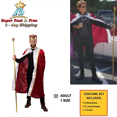 King Robe Crown Royal Scepter Set Red Velvet Adult Medieval Highness Costume 3pc • $76.52