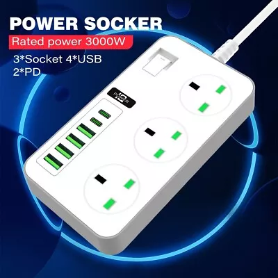 Extension Lead Cable Electric Main Power Strip 3 Gang Way Plug Socket 6 USB Port • £13.98