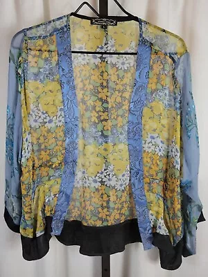 Violet Kay Womens Silk Blend Topper Shirt Cardigan Floral Sz Large Blue Boho • $16.80