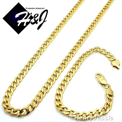 24 MEN's Stainless Steel 6mm Gold Plated Cuban Curb Link Necklace Bracelet SETS • $29.99