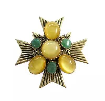 Vintage Antique Gold Tone & Moonglow Cabochon Stones Maltese Cross Brooch Pin • $46