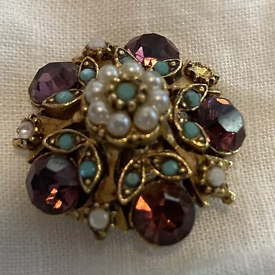 Vtg Florenza Brooch Pin Estate Seed Pearls Purple Turquoise Rhinestone Goldtone • $30
