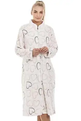 Camille Womens Supersoft Fleece Housecoat Pink & Grey Heart Print Lounger • £23.99
