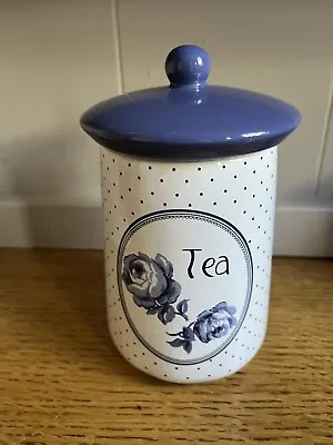 Katie Alice  Vintage Indigo  Ceramic Polka Dot Rose Tea Canister Jar Shabby Chic • £8.99