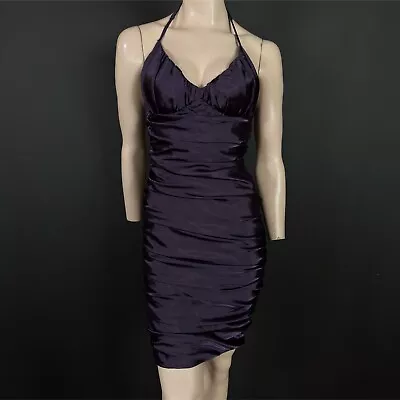 Rare Dress 10 Womens Purple Ruched Bodycon Halter Neck Satin Look Strappy Zip • £14.85