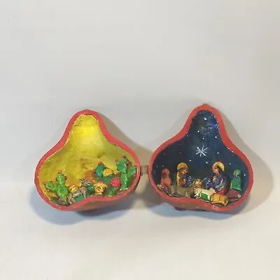 VTG MEXICAN CARVED GOURD NATIVITY Christmas Ornament Folk Art Diorama 5 H • $29.99