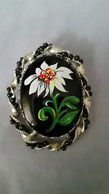 VTG Large Hand Painted Brooch Oval Black White Green Flower Twisted Beaded Trim • $19.99