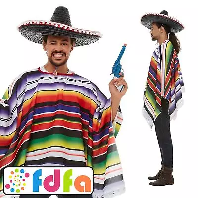 Smiffys Mexican Multicoloured Poncho Mens Ladies Fancy Dress Costume • £18.19