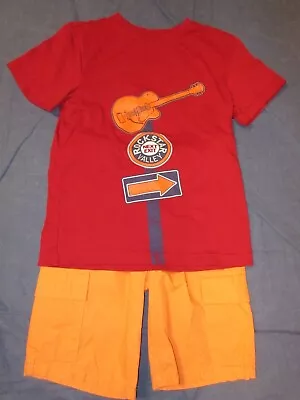 Boys GYMBOREE Top & Shorts Outfit - Sz 10 - Red & Orange W/ ROCK N ROLL Guitar • $9