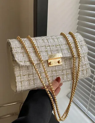 Plaid Tweed Boucle Flap Chain Square White Bag Handbag Shoulder Women’s • £15