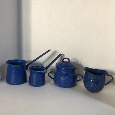 $34 • Buy Mexican CINSA Blue Speckled Enamelware SUGAR BOWL W LID, Creamer, 2 Syrup Pots