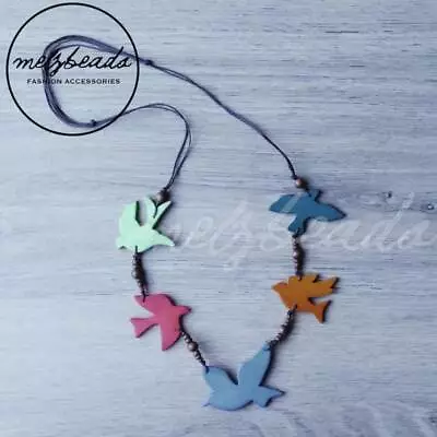 Red Green Turquoise Bird Sparrow Wooden Necklace Fashion Ladies Gift For Her • $27.95