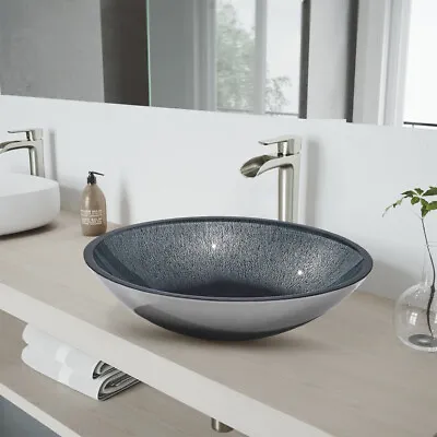 £95.95 • Buy Silver Round Shape Bathroom Vanity Basin Glass Art Wash Bowl With Waste Kit UK
