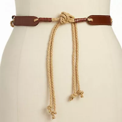 RALPH LAUREN Natural Tan Leather Macrame Jute Rope Tie Belt L • $39.99