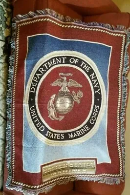 US Marine Corps Navy Woven Fringed Afghan Tapestry Throw Blanket 46x60 USMC  • $36.99