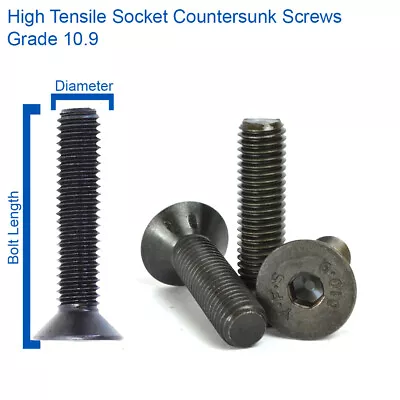 M6 - 6mm COUNTERSUNK ALLEN KEY BOLTS CSK SOCKET HIGH TENSILE SCREWS GRADE 10.9 • £1.29