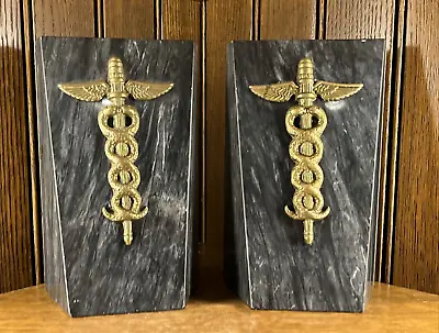 Vintage Marble & Brass Caduceus Medical Doctor Hermes Art Office Symbol Book End • $34.99