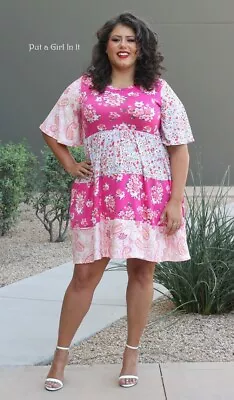 New PLUS SIZE Womens SOFT PINK FLORAL PAISLEY FLUTTER TIERED DRESS 1X 2X 3X USA • $37.95