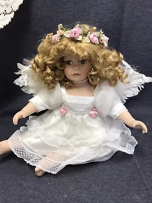 Porcelain Girl Angel Doll 10  - Sitting - Feather Wings - Barefoot - Curly Hair • $16