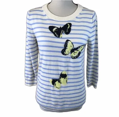 J.Crew Merino Wool Ivory Blue Crew Neck Striped Butterflies Sweater Womens S • $20.86