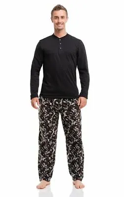 Mens 2 Piece Microfleece Pyjama Set Ultra Soft Lounge Pants With Henley Shirt • £14.99