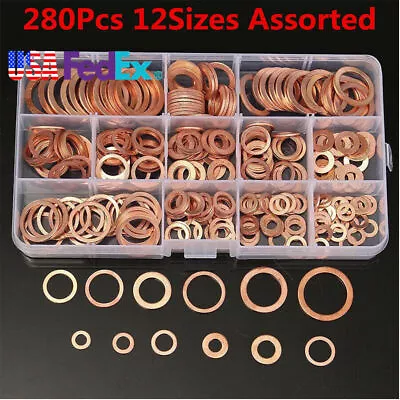 280pc Solid Copper Crush Washers Seal Sealing Flat Ring Gaskets 12Sizes Assorted • $20.16