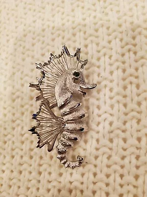 Rare Vintage MONET Spinneret Wire Fin SEAHORSE Pin Brooch Silver Tone Blue Stone • $39