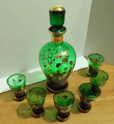 Vintage MCM Decanter Set With 6 Glasses Green Glass With Gold Gilt Design • $50