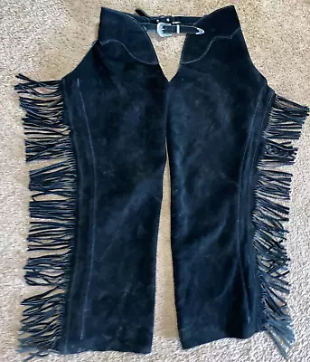 Large Short Black Western Suede Leather Fringe Show Chaps W Gold Zipper 30-37 • $78